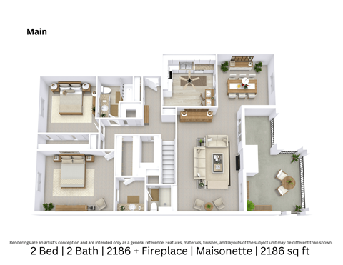 Floor plan for 2 beds, 2 baths, 2186 sqft